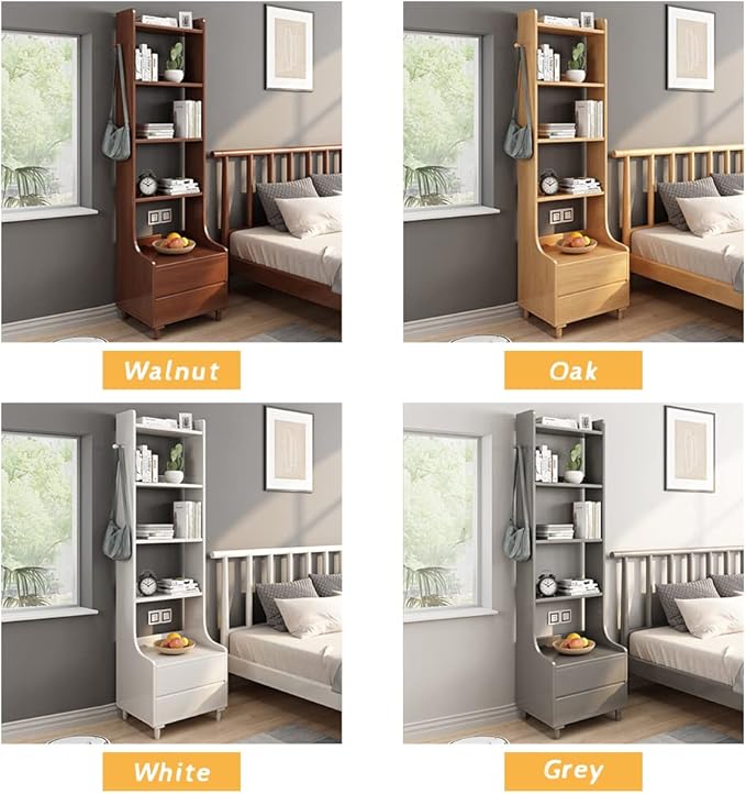 IOTXY Walnut Bedside Table Bookshelf - 71" Tall Free Standing Wooden Open Shelf Bookcase with Drawers and 4-Shelves for Bedroom, Bed Side End Table, Nightstand