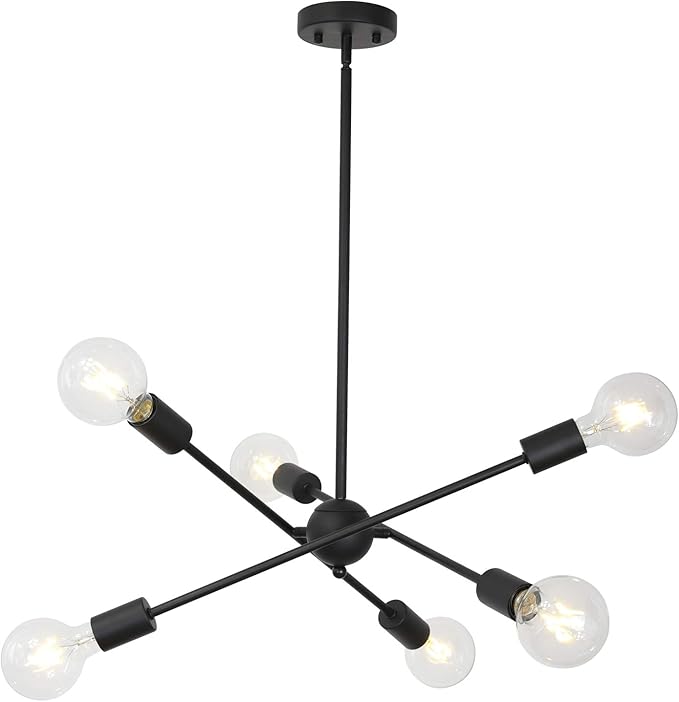 BONLICHT Sputnik Chandelier Lighting 6 Lights Black Chandelier Mid Century Pendant Light Vintage Industrial Kitchen Dining Room Ceiling Lighting Fixture for Bedroom Hallway Foyer Island Farmhouse
