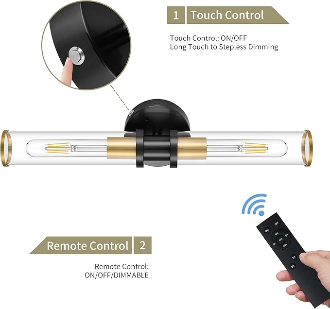 Wireless Wall Sconce with Remote Control, Black Gold Battery Operated Wall Lights, Easy Install Dimmable Rechargeable Sconces Wall Decor Set of 2 for Living Room Bedroom Hallway Stairwell, 3000K