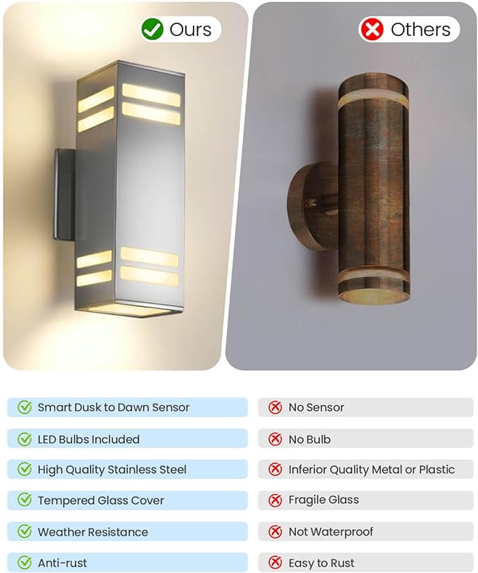 KIZON Modern Dusk to Dawn Outdoor Wall Light, Stainless Steel Up and Down Sconce with E26 Base, Includes 3000K Bulbs, Waterproof Exterior Lighting Fixture for House Porch Garage Entryway