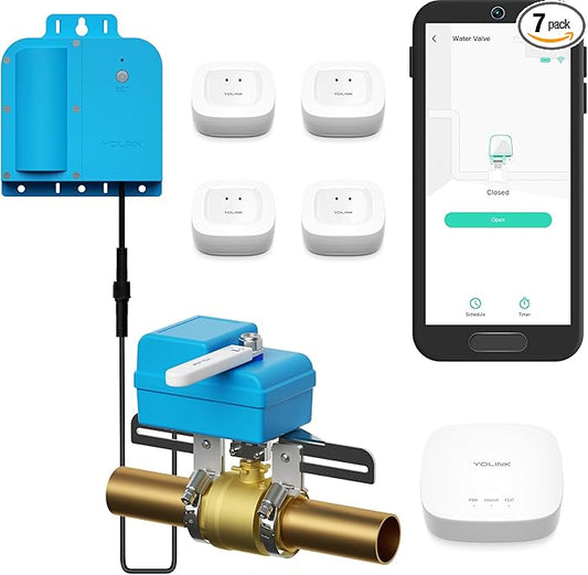 YoLink DIY Automatic Water Leak Detection & Shut-Off Starter Kit, Valve Operator, X3 Version Wireless Valve Controller, (4) Leak Sensors, Hub
