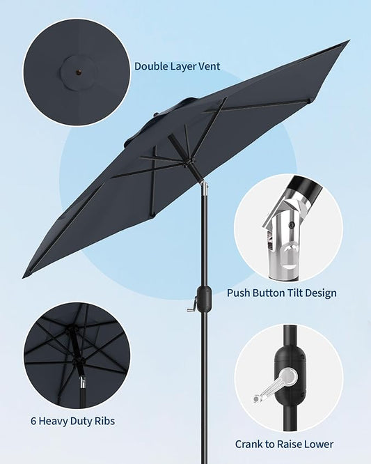 GarveeLife 7.5 ft Outdoor Patio Umbrella, Outdoor Table Umbrella, Market Umbrella with Push Button Tilt and Crank, 6 Sturdy Ribs UV Protection Waterproof for Garden, Deck, Backyard, Pool (Grey)