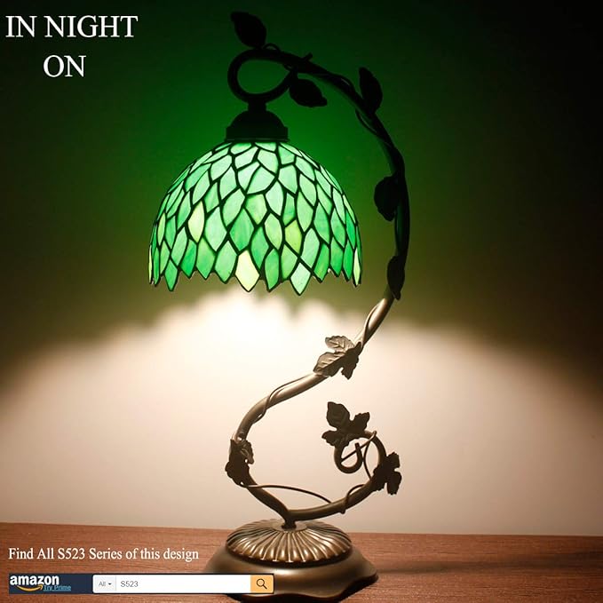 WERFACTORY Tiffany Style Lamp Green Wisteria Stained Glass Table Desk Reading Light, Metal Leaf Base 8X10X21 Inches Decor Small Space Bedroom Home Office S523 Series