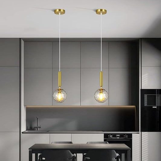 Modern Gold Pendant Light Hanging Fixture Light for Kitchen Island Mid Century with Globe Pendant Light Clear Glass Pendant Lighting for Living Room Bedroom Entryway (2 Pack)