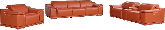 BlackJack Furniture Venice Top Grain Italian Leather Recliner 7 Seater 5 Power Reclining 3 Piece Sofa Set with Adjustable Headrests Modern Seating Sofa, Loveseat and Chair for Living Room , Camel