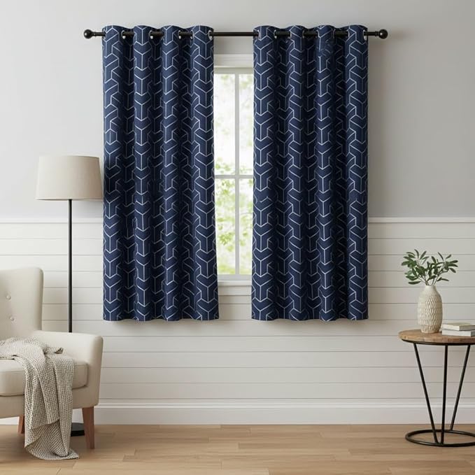 NICETOWN Blackout Curtains 63 inches Long for Bedroom, Thermal Insulated Solid Grommet Top Foil Printed Diamond Pattern Blackout Panels/Draperies for Boys Kid's Room (Navy, 1 Pair, 52 inch Width)