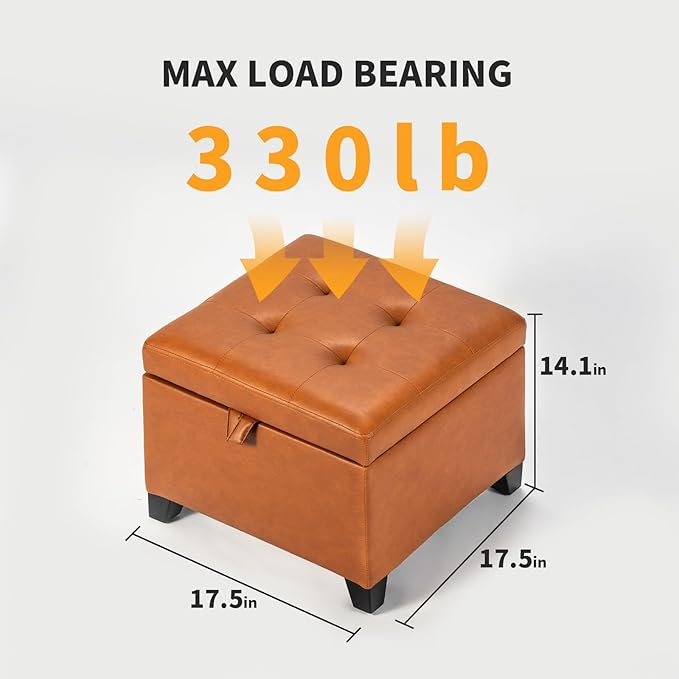 Adeco Faux Leather Storage Ottoman, 17.5" Square Cube Footrest with Lift Top Lid for Blankets, Upholstered Vanity Stool & Entryway Shoe Bench for Living Room, Bedroom, Warm Orange