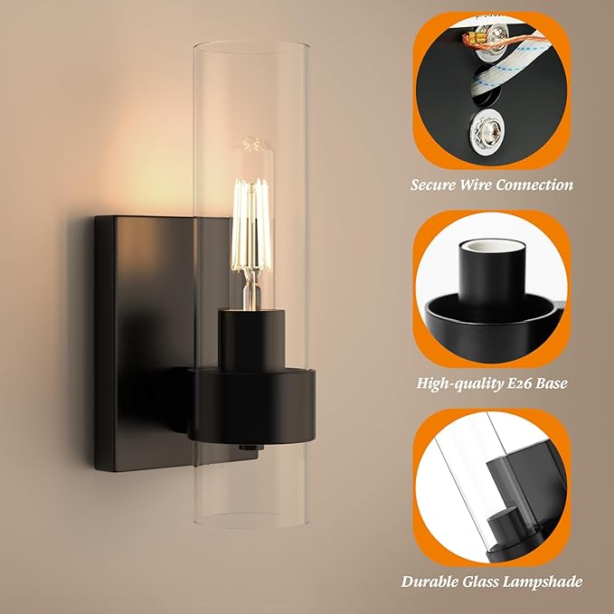 Zevluck Wall Sconces Set of 2, Matte Black Bathroom Vanity Light with Cylinder Clear Glass, Modern Hardwired Vanity Wall Lamps for Bathroom, Bedroom, Living Room, Stairs, Hallway