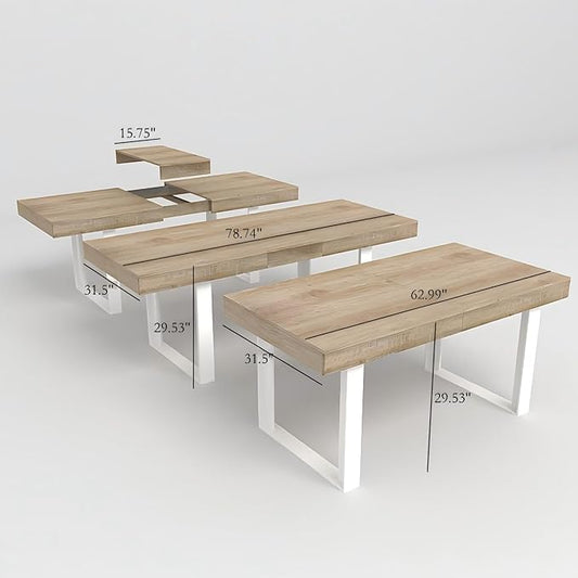 63" - 79" Extendable Dining Room Table, Expandable Kitchen Table for 6 to 10 People, Modern Wood Conference Table, Large Farmhouse Dining Table(White Oak, Double-U Base)