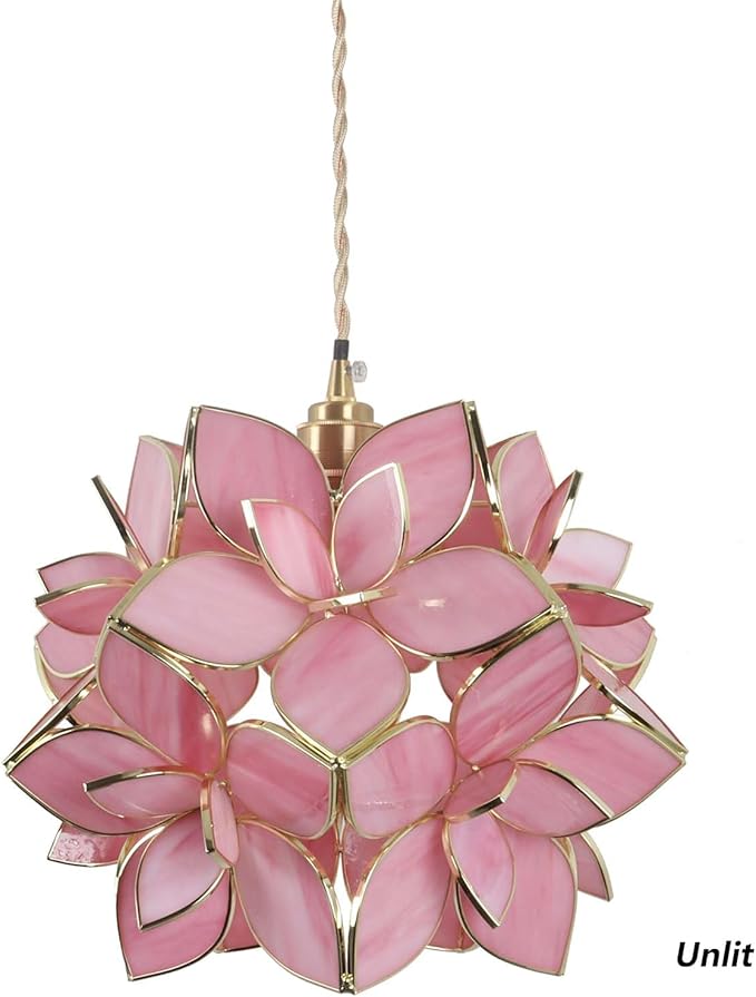 Bieye L10914 Petals Tiffany Style Stained Glass Ceiling Pendant Light for Home Decoration (Pink, 12" Rose Lily)