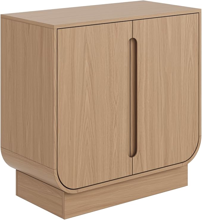 Nathan James Joey Mid Century Modern Storage Cabinet, Arched Accent Cabinet with Rounded Bottom Edges and Integrated Door Pull Cutouts, Raw Oak