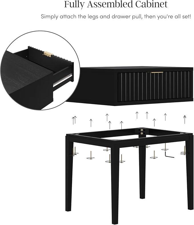 Nathan James Jasper Boho Side Table, Solid Wood Bedroom Nightstand or Bedside Table with Drawer with Fluted Doors and Brass Handles, Black