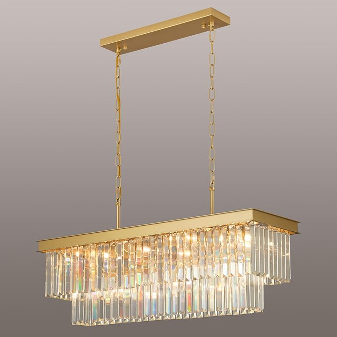 Crystal Chandeliers for Dining Room Light Fixtures Over Table，11-Lights Gold Modern Rectangle Chandeliers for Kitchen Island Bar L33.5 Inch