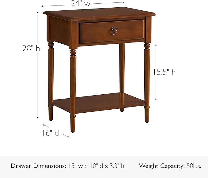 Leick Home Coastal Nightstand, Solid Wood, with USB-C Charging, 1 Drawer and 1 Shelf, Pecan Brown, 20022-PC
