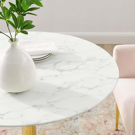 Modway Verne Round Artificial Marble 35" Dining Table in Gold White