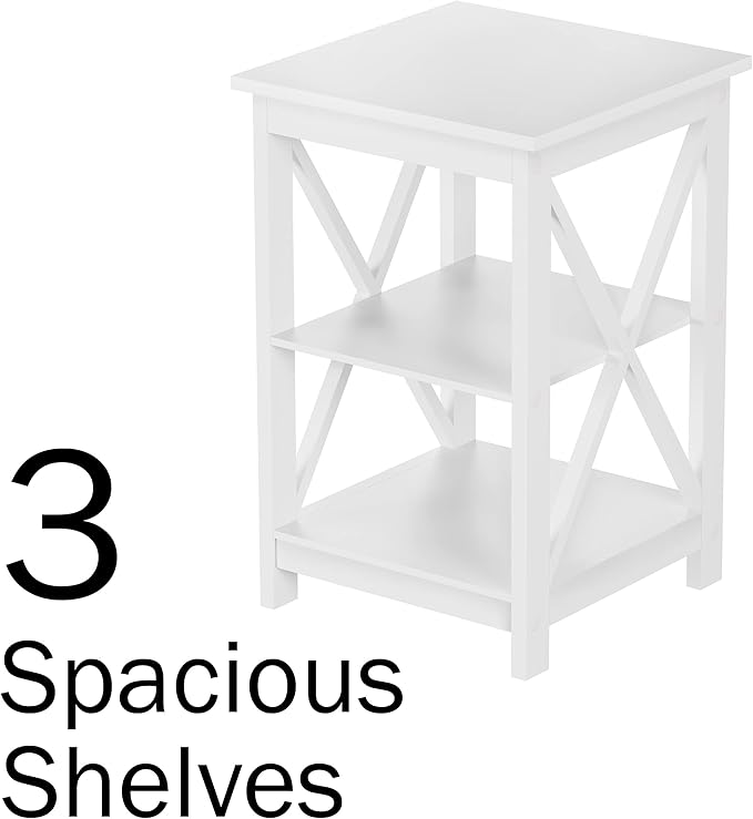 Wooden End Table - Modern Style Sofa Side Table with X-Leg Design and Two Shelves - Small Furniture for Living Room or Bedroom by Lavish Home (White)