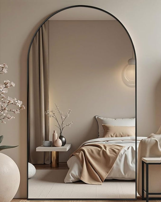 71"x30" Arched Full Length Mirror - Extra Large Floor & Wall Mounted with Stand, Shatterproof Glass, Aluminum Frame for Bedroom, Living Room, Entryway (Black)