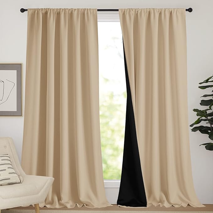 NICETOWN Thermal Insulated 100% Blackout Curtains, Rod Pocket Noise Reducing Drapes with Black Lining, Full Light Blocking Drapery Panels for Patio (Biscotti Beige, 1 Pair, 62-inch x 95 inches)