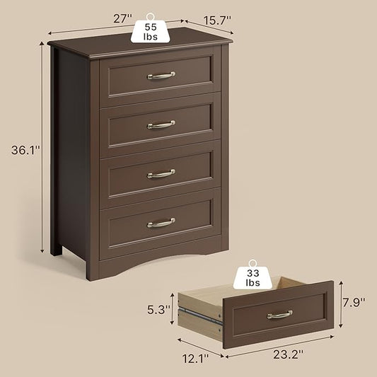 Gizoon Dresser for Bedroom with 4 Drawers Wooden Chest of Drawers for Closet Dresser Storage Unit Organizer for Hallway Living Room and Office, Dark Brown