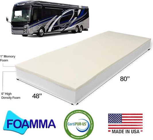 Foamma 7” x 48” x 80” Truck, Camper, RV Memory Foam Bunk Mattress Replacement, Made in USA, Comfortable, Travel Trailer, CertiPUR-US Certified, Cover Not Included