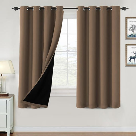 H.VERSAILTEX 100% Blackout Curtains for Bedroom Thermal Insulated Blackout Curtains 63 inch Length Heat and Full Light Blocking Curtains for Living Room with Black Liner 2 Panels Set, Macchiato