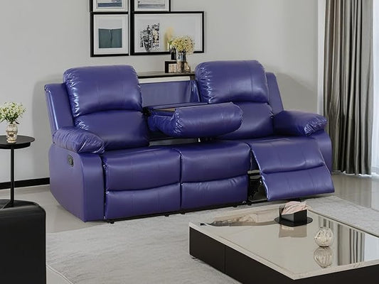 3 Seater Recliner Sofa Couch Manual Reclining Sofa Modern Leather Reclining Sofa Living Room Couch with Cup Holders & Drop Down Table for Living Room/Office/Rv Car (Purple Blue, 3 Seater Sofa)
