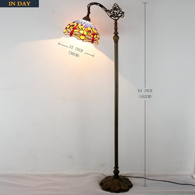 WERFACTORY Tiffany Floor Lamp Orange Blue Stained Glass Dragonfly Arched Lamp 12X18X64 Inch Gooseneck Adjustable Corner Standing Reading Light Decor Bedroom Living Room S168 Series