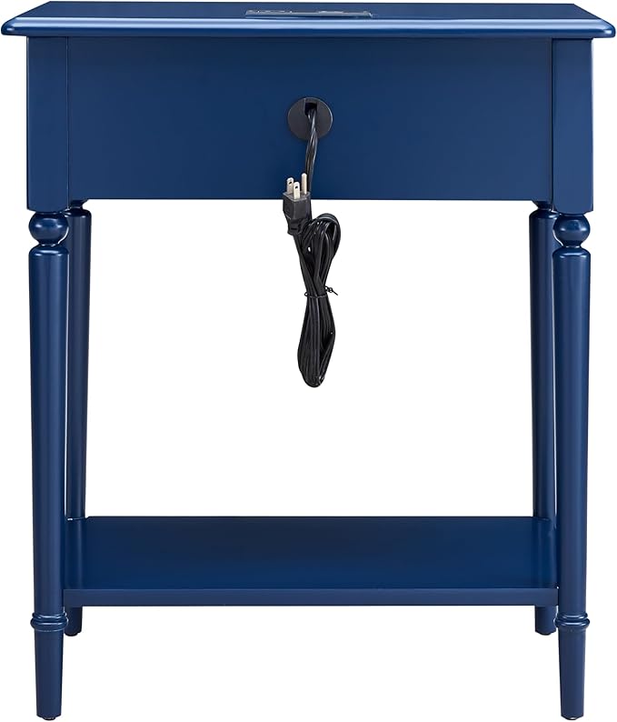 Leick Home Coastal Nightstand, Solid Wood, with USB-C Charging, 1 Drawer and 1 Shelf, Navy, 20022-NV