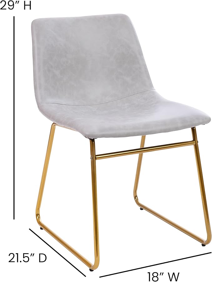 Taylor & Logan Butler 18 inch Dining Table Height Chair, Mid-Back Sled Base Dining Chair in Light Gray Faux Leather with Gold Frame, Set of 2