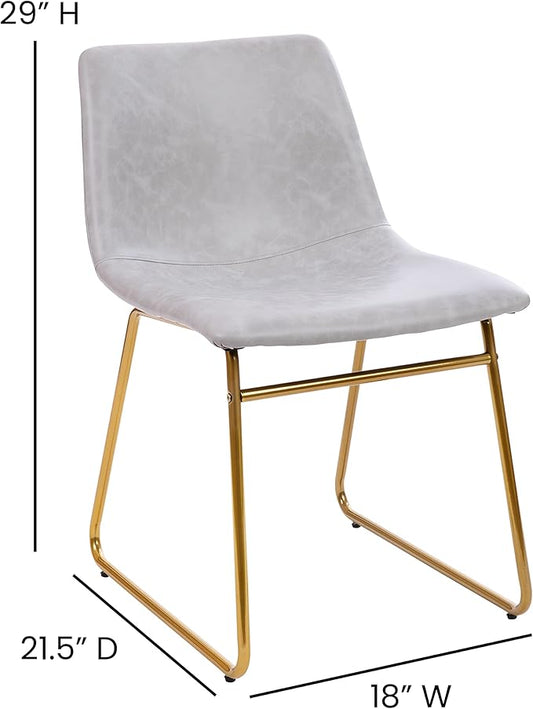 Taylor & Logan Butler 18 inch Dining Table Height Chair, Mid-Back Sled Base Dining Chair in Light Gray Faux Leather with Gold Frame, Set of 2