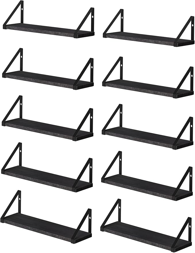 Wallniture Ponza 17'' x 4.5'' Floating Wall Shelf Bathroom, Small Wood Book Shelves for Wall Storage, Wall Mounted Shelf, Dining Room, Bedroom, Living Room, Office & Kitchen Organization, Black, 10pcs