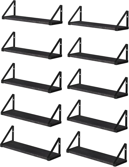 Wallniture Ponza 17'' x 4.5'' Floating Wall Shelf Bathroom, Small Wood Book Shelves for Wall Storage, Wall Mounted Shelf, Dining Room, Bedroom, Living Room, Office & Kitchen Organization, Black, 10pcs