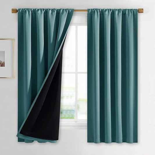 NICETOWN 100% Blackout Curtain Panels, Thermal Black Liner Curtains for Nursery Room, Noise Reducing and Cold Blocking Drapes for Windows (Set of 2, Sea Teal, 42 inches Wide by 63 inches Long)