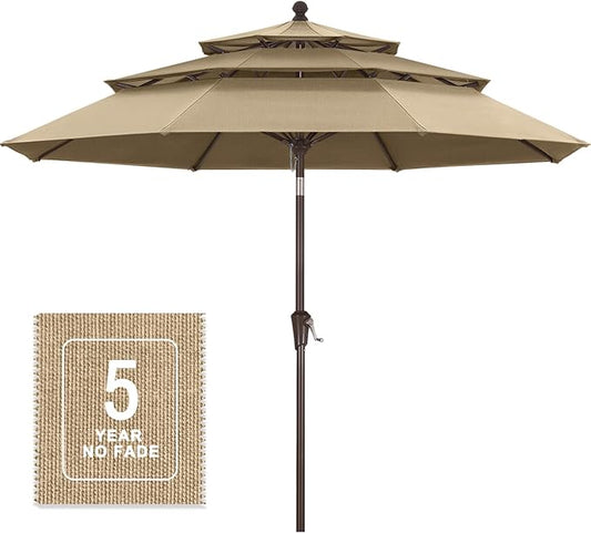 MASTERCANOPY 9ft 3-Tier Olefin Patio Umbrella with Tilt Crank, 5-Year-Non-Fading Canopy & 8 Fiberglass Ribs for Deck, Patio, and Garden, Light Brown