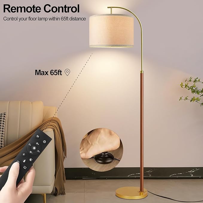 Wood Floor Lamps for Living Room Arc Floor Lamp with Remote Control,Dimmable LED Floor Lamp Mid Century Modern Standing Lamp with 3 Color Temperature Tall Gold Floor Lamp for Bedroom Corner