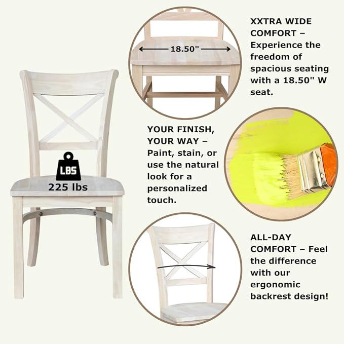 Charlotte X-Back Wooden Chairs, Set of 2, Sturdy Solid Wood Construction, Ideal for Dining Room and Kitchen - Unfinished