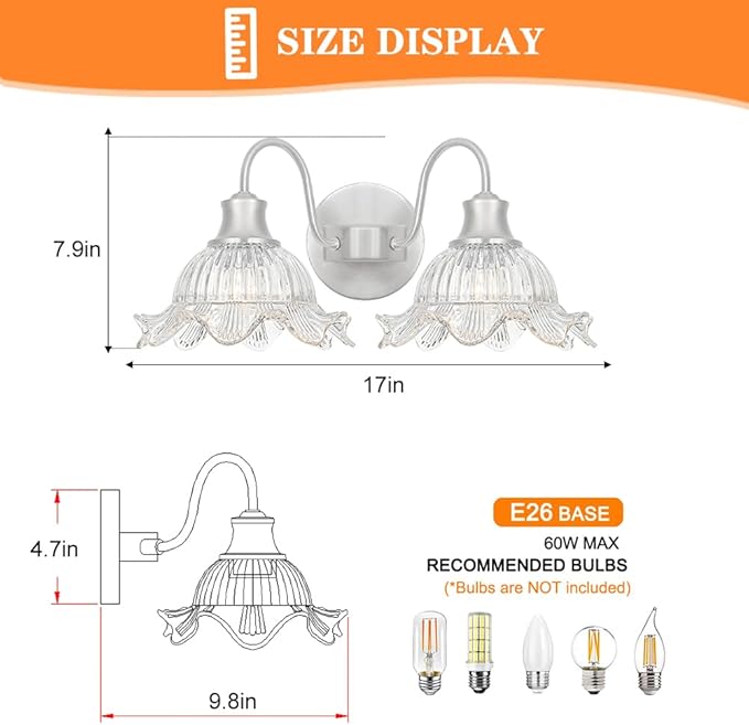 Vintage Vanity Light 2-Light, Brushed Nickel Bathroom Light Fixture with Glass Shades, Wall Sconce for Bathroom Mirror Lighting, Crystal Wall Sconce Decor for Powder Rooms, Dressing Areas