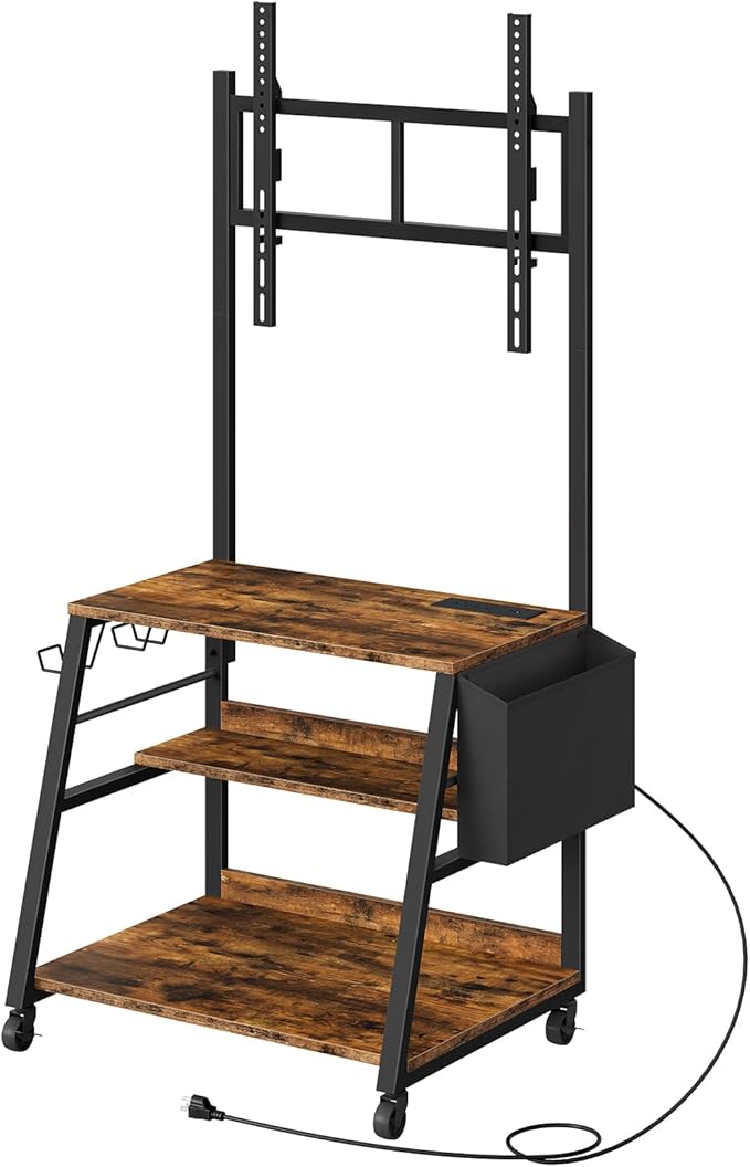 Mobile TV Stand with Charging Station, Adjustable Mount and Wheels, Rolling TV Console Table, Entertainment Center, for up to 75 inch TVs, 3-Tier Storage Shelf, Rustic Brown and Black TDS03UBF