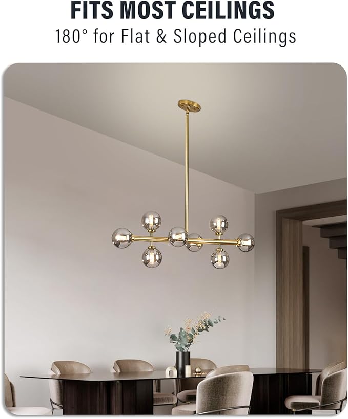 Modern Linear Chandeliers for Dining Room, 8-Light Globe Sputnik Pendant Ceiling Light, Brass Gold Dining Room Light Fixture Over Table, Mid Century Glass Smoke Grey Bubble, 31.5 Inch, GC-09