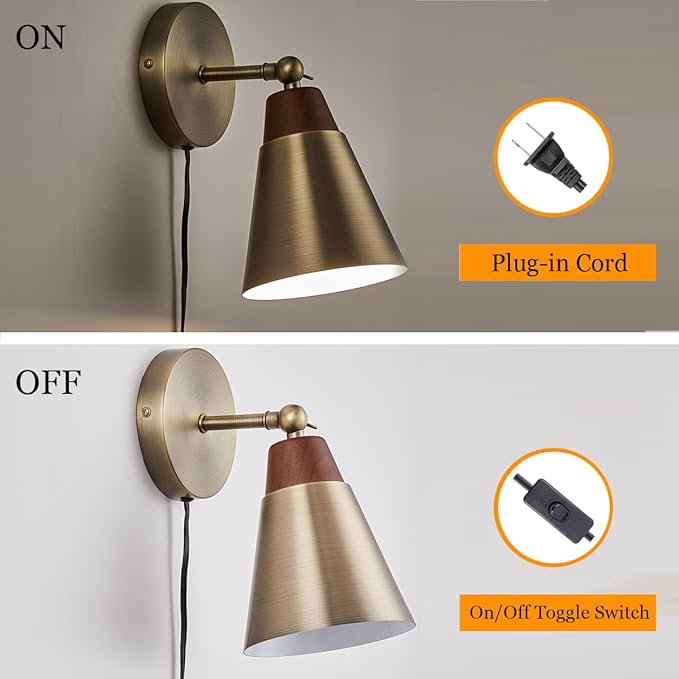 Wall Sconce Set of 2, Wall Sconce with Metal Shade, Plug Switch, Indoor Decor Wall Mount Swing Arm Lamp for Bedroom,Hallway,Living Room,Reading, Vintage Brass