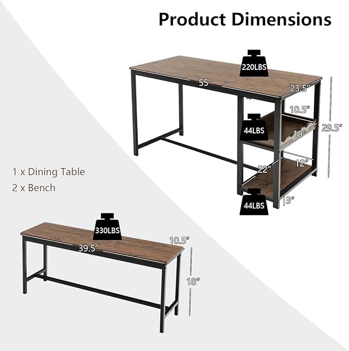 Giantex Dining Table Set for 4, 3-Piece 55" L Kitchen Table Set w/ 2 Benches, Breakfast Table w/ 5-Bottle Wine Rack & Glass Holder, Space-Saving Dinette Set for Dining Room, Kitchen, Apartment