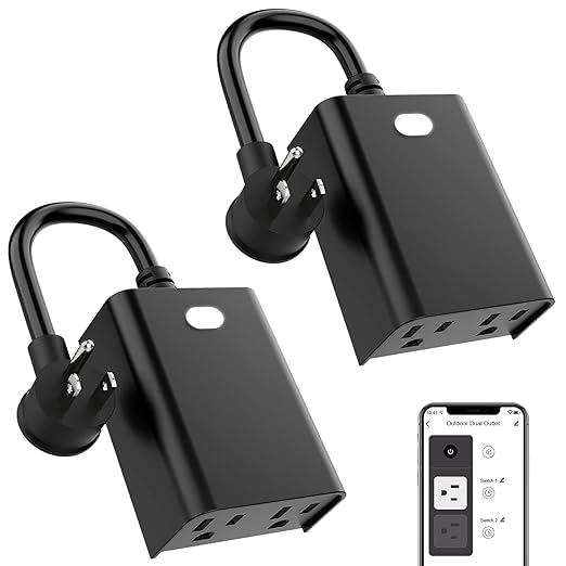 WiFi Outdoor Smart Plug, Smart Plugs That Work with Google Home for Voice Control, Wireless Remote APP Control Smart Outlet Timer with 2 Grounded, No Hub Required