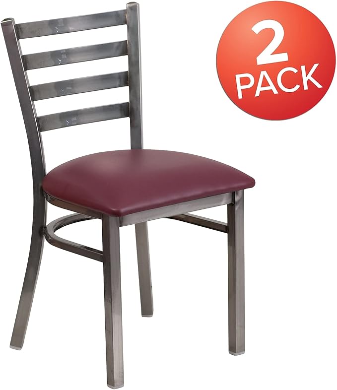 Flash Furniture 2 Pk. HERCULES Series Clear Coated Ladder Back Metal Restaurant Chair - Burgundy Vinyl Seat