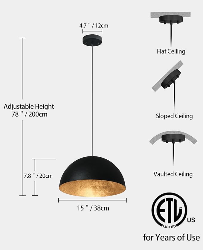 15 Inch Black and Gold Pendant Light, Bold Textured Matte Black Dome with Hand-Applied Gold Leaf Interior, Hanging Chandelier Fixture for Kitchen Island, Dining Room, or Bar