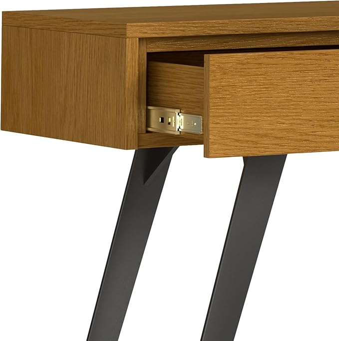 SIMPLIHOME Lowry Console Table - 60 Inch Wide Solid Oak Veneer and Metal Sofa Table in Oak, Modern Industrial Storage Table for Entryway or Living Room with 3 Drawers and Angled Metal Legs
