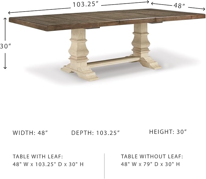 Signature Design by Ashley Bolanburg Farmhouse Extension Dining Table with Removable Center Leaf and Trestle Base, Dark Brown & White