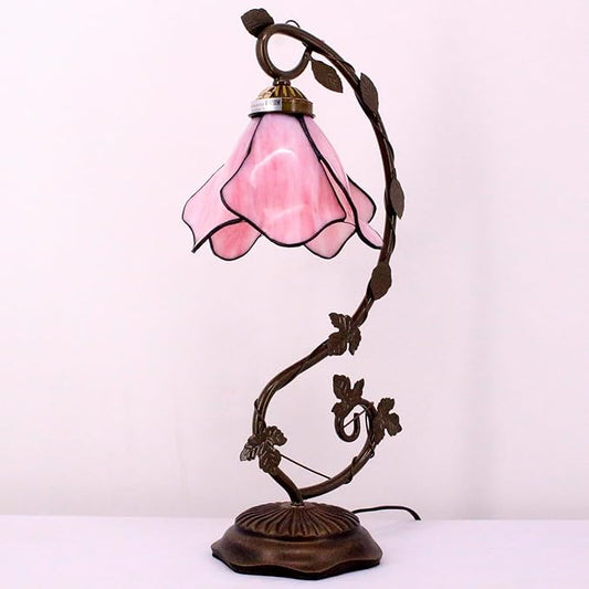 WERFACTORY Tiffany Lamp Pink Stained Glass Table Lamp, Metal Leaf Table Desk Reading Light 8X10X21 Inches Decor Small Space Bedroom Home Office S701 Series