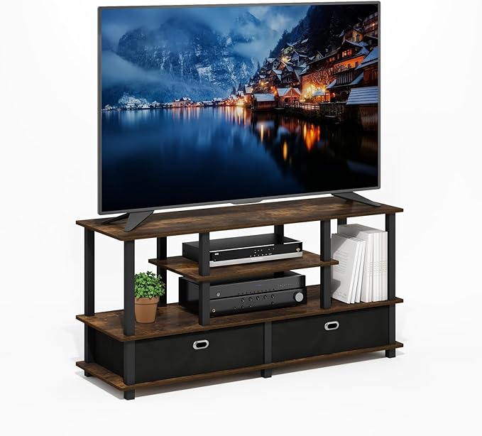 Furinno Jaya TV Stand, 4-Tier Entertainment Center with Open Shelf, TV Console for TV up to 55 Inch with 2 Storage Bins, Toolless Assembly, for Living Room, Bedroom, Amber Pine