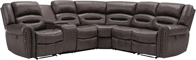 EBELLO Faux Leather Reclining Sectional Couches for Living Room, L-Shaped Power Recliner Sofa Set Corner Sectional Couch Home Furniture Set, with Storage Console and Cup Holders, USB Port, Dark Brown