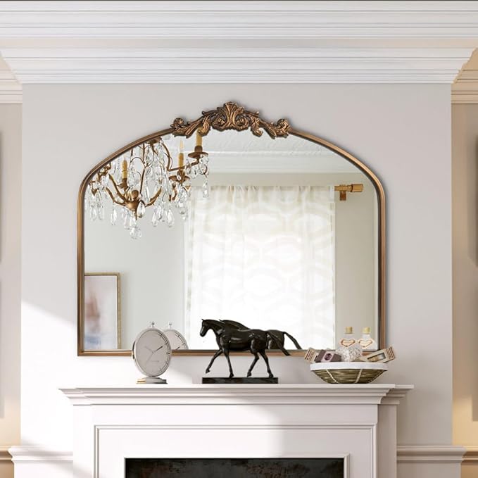 Gold Wall Mirror, Large Arched Vintage Baroque Ornate Mirrors, Traditional Decorative Antique Brass Mirror for Entryway, Living Room, Bedroom, Bathroom Vanity, Fireplace Mantel(Gold,29"x36")